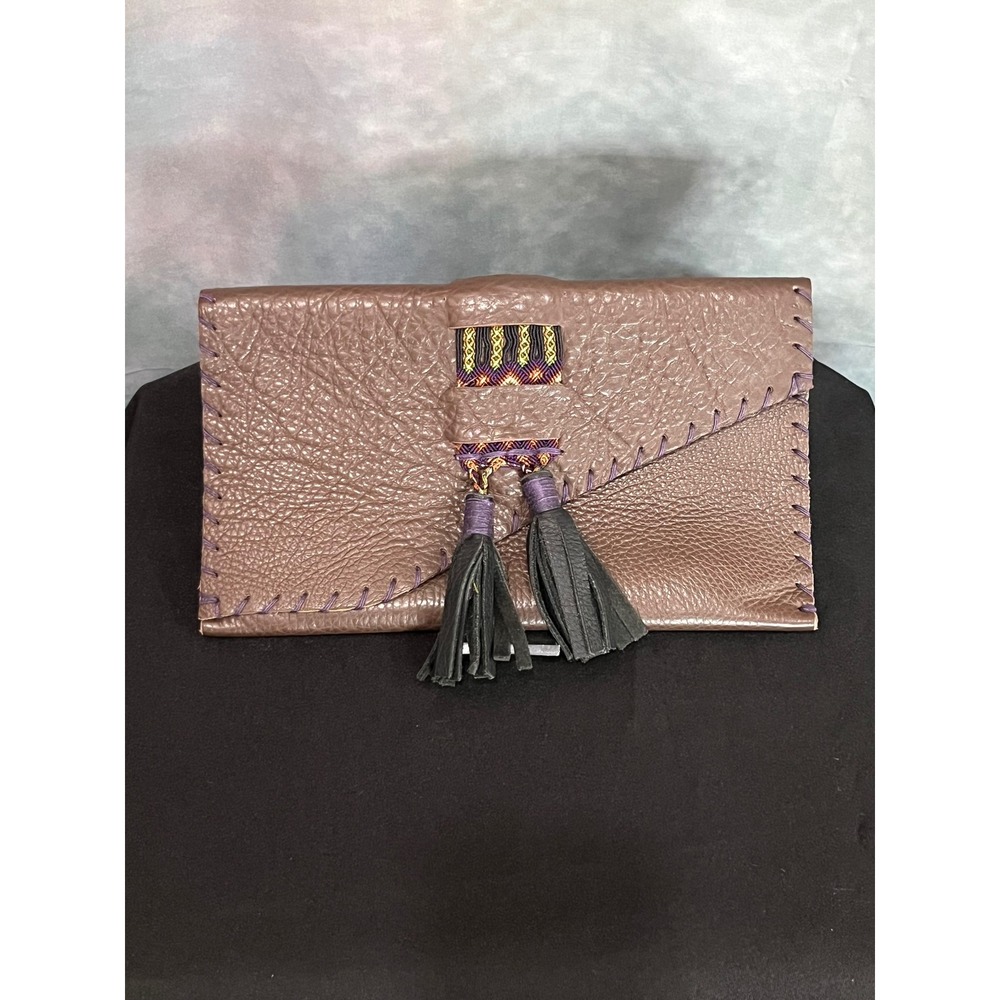 Handcrafted Pebble Leather Whipstitch Tassel Clutch Bag Brown Boho Artisan